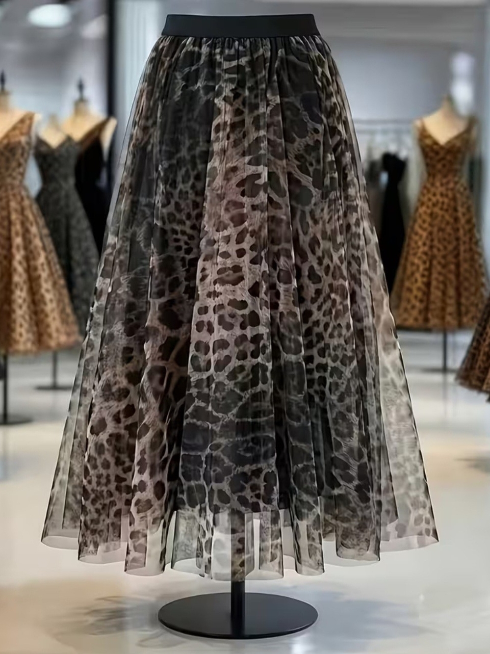 Sheer Leopard Print Midi Skirt - Black / Brown